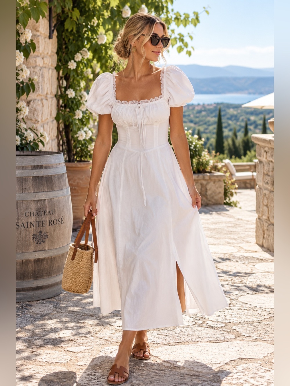 Rich & Famous White Puff Sleeve Corset Midi Dress Size Small NWT